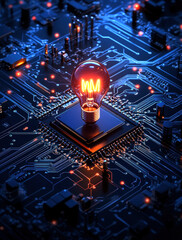 Poster - A stunning visual of a glowing light bulb atop a microchip, symbolizing the intersection of creativity and technology in the digital age, merging traditional concepts with modern innovations.