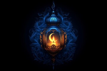 Poster - Ornate lantern with crescent moon and candle, dark blue floral frame.