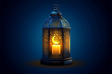 Poster - Intricate metal lantern with candle and crescent moon, glowing in the dark.