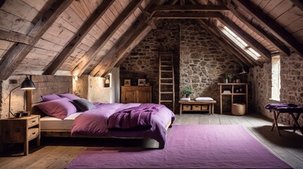 Wall Mural - Bedroom with cozy pink bedding and rustic wooden beams in an attic 