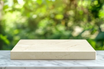 Aufkleber - Beige marble square platform on white marble surface with blurred green background.