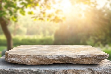 Poster - Rough stone surface, sunlit garden background.