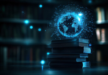 Poster - A stack of books radiates a futuristic, illuminated globe, symbolizing the intersection of traditional learning and digital knowledge.