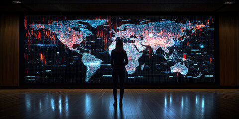 Poster - A silhouette of a woman stands before a massive digital world map, illuminated with dynamic data visualizations.