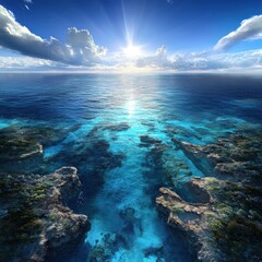 Poster - A beautiful blue ocean with a sun shining on the water