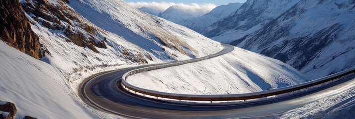 Poster - A snowy mountain road with a curve in it