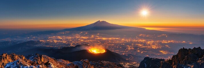 Poster - A mountain with a volcano on top and a city below
