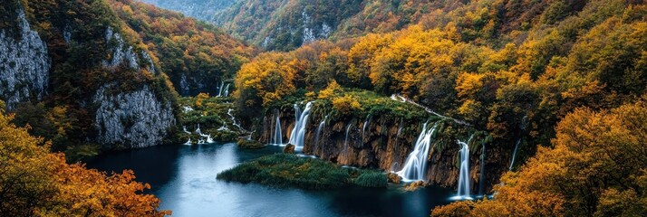 Poster - A beautiful waterfall surrounded by trees and a lake