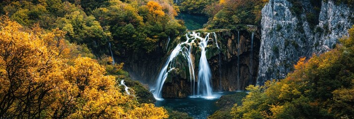 Poster - A waterfall is surrounded by trees and a lake