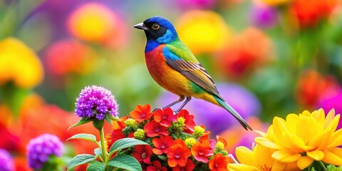 Wall Mural - colorful bird perched on blooming flower in vibrant garden, vibrant colors, bloom,  vibrant colors, bloom, outdoor, tree, green