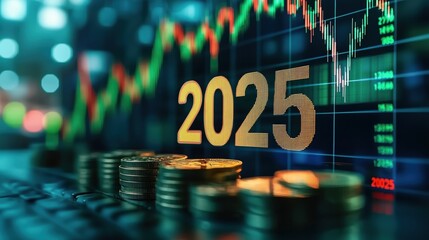 Poster - Financial Growth and Investments in 2025 with Coin Stacks and Stock Market Trends Visualized in Digital Illustration