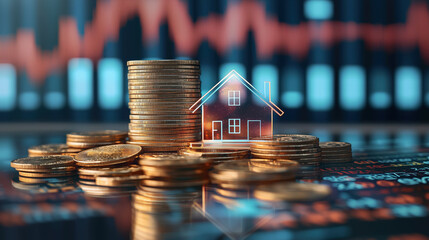 Poster - Stacked Coins with Transparent House Icon Against Financial Graph and Digital Data for Economic Investment and Real Estate Concept