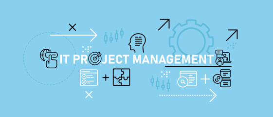 Poster - IT Project Management conceptual work technology analysis planning strategy business progress internet connection managing event design icon outline set collection