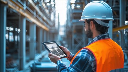 Poster - Construction worker using tablet in modern warehouse setting for project monitoring and planning in industrial environment