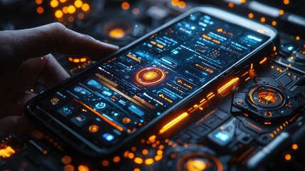 Poster - Futuristic smartphone display with glowing user interface on a technology-themed background featuring circuits and neon elements