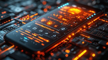 Poster - Modern smartphone with futuristic user interface and vibrant circuitry on a dark background showcasing advanced technology and digital innovation concepts