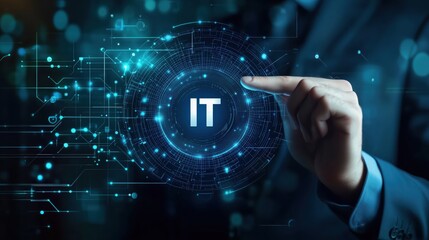 Fototapete - Hand Reaching to Touch Digital Interface with IT Technology Text in Futuristic Environment Using Advanced User Interface Design