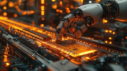 Poster - Robotic Arm Assembling Circuit Board with Glowing Components in High-Tech Manufacturing Environment