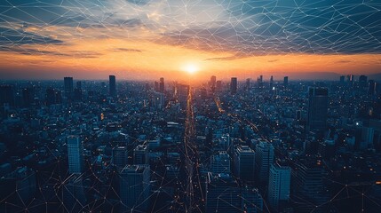 Aufkleber - Sunset Over A Connected Cityscape Network