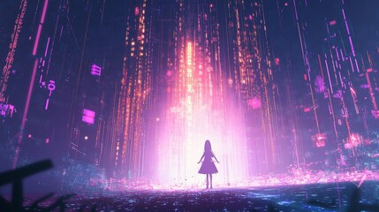 Wall Mural - A lone figure stands amidst a vibrant cascade of digital data and futuristic light columns