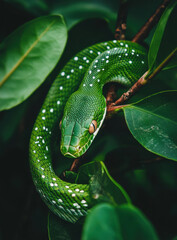 vibrant green snake with white spots resting on branch surrounded by lush green leaves, showcasing its intricate scales and natural habitat