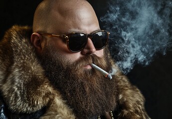 portrait of a bearded man wearing sunglasses and a fur coat, exuding luxury and mystery with smoke s