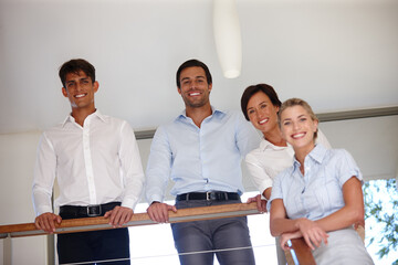 Aufkleber - Office, real estate and portrait of business people on stairs for about us, collaboration and partnership. Realtor agency, consultants and men and women for professional career, pride and ambition