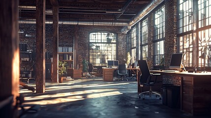Poster - Sunlit Industrial Loft Office Workspace Design