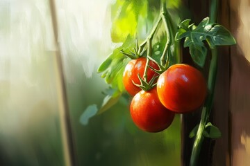 Poster - Ripe red tomatoes on the vine, backlit by sunlight in a greenhouse.