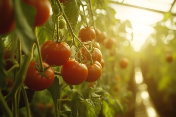 Poster - Ripe red tomatoes growing on vine in greenhouse, sunlit.