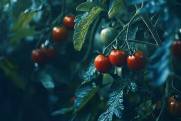 Wall Mural - Ripe red cherry tomatoes growing on a vine in a garden.