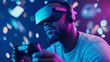 © Topuria Design - Enthusiastic gamer wearing vr headset and headphones is playing videogames using a controller, illuminated by neon lights and confetti falling in the background