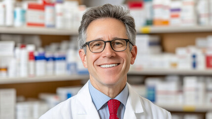 Smiling pharmacist in white coat, standing in pharmacy with shelves of medication in background, conveying professionalism and trust