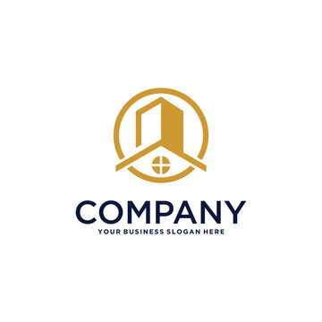 real estate logo design with house and building