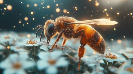 Wall Mural - Honeybee pollinating flowers, glowing background