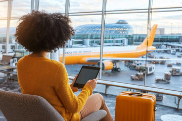 traveler using tablet at airport, with suitcase nearby and airplane in view. scene captures sense of anticipation and adventure