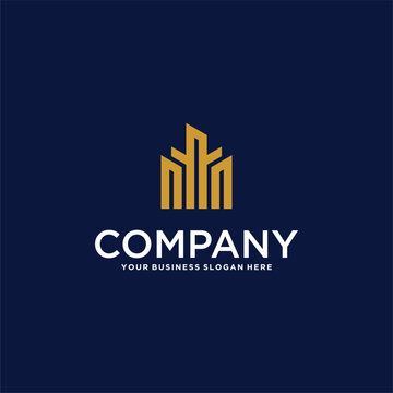 real estate logo design with house and building