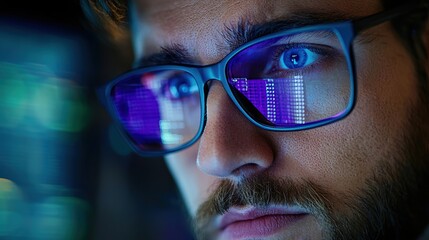 focused programmer night work glasses code screen data