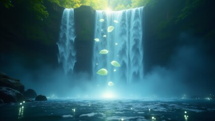 a celestial waterfall where glowing leaves drift, symbolizing divine energy, cosmic purity, and the 