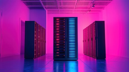 Poster - Neon Lit Server Room Modern Data Center Technology Infrastructure