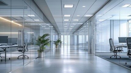 Poster - Modern Glass Office Corridor Design Spacious Workspace Interior Architecture