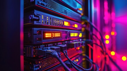 Poster - Neon Lit Server Rack Network Technology Data Center
