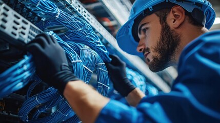 Aufkleber - Technician Working with Blue Network Cables in Server Room Focused and Concentrated