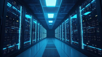 Poster - Futuristic Server Room Data Center Technology Blue Glow