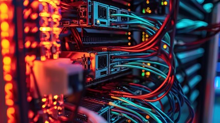 Fototapete - Vibrant Network Server Room Technology Data Center Cables