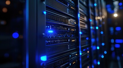 Fototapete - Modern Server Room Technology Data Center Blue Lights Network