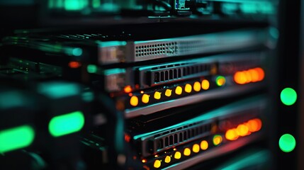 Poster - Powerful Server Rack in Vivid Teal and Orange Light