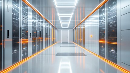 Poster - Modern Server Room Corridor with Orange Lighting Technology Data Center