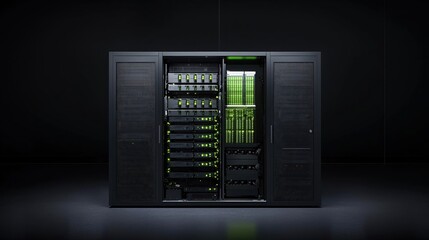 Poster - Modern Server Rack Data Center Technology Green Light Illuminated