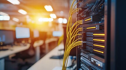 Poster - Network Server Rack with Yellow Cables in Modern Office Setting